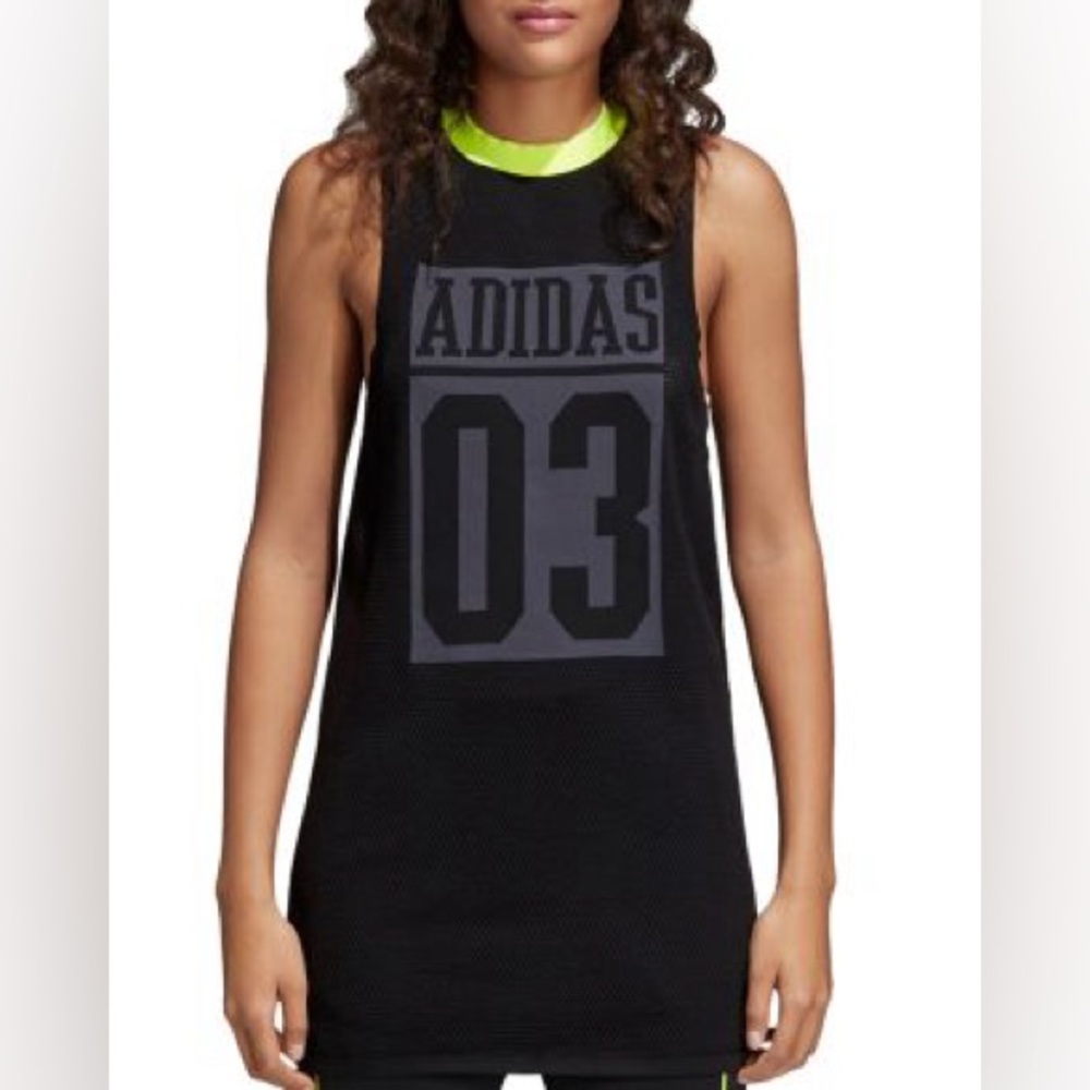 Adidas Women’s Mesh Black & Neon Knit Sleeveless long Logo Tank Top size Medium